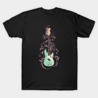 Surf Green P-Style Bass Guitar Flowering Vines T-Shirt